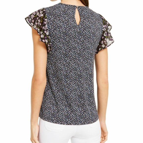 MICHAEL KORS Black Floral Short Sleeve Top NWT - Picture 2 of 4